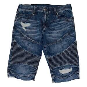 True Religion Geno Distressed Cut-Off Denim Moto Shorts Relaxed Slim Size 32